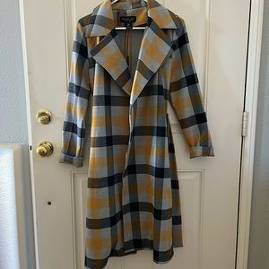 Rachel Zoe yellow black gray plaid trench coat